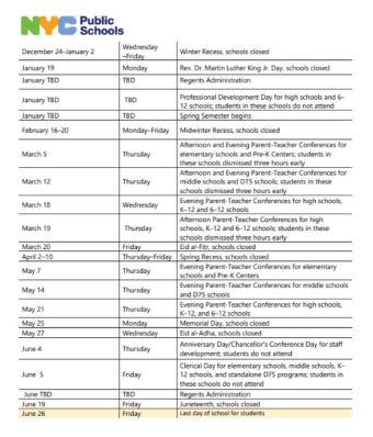 NYC DOE Calendar